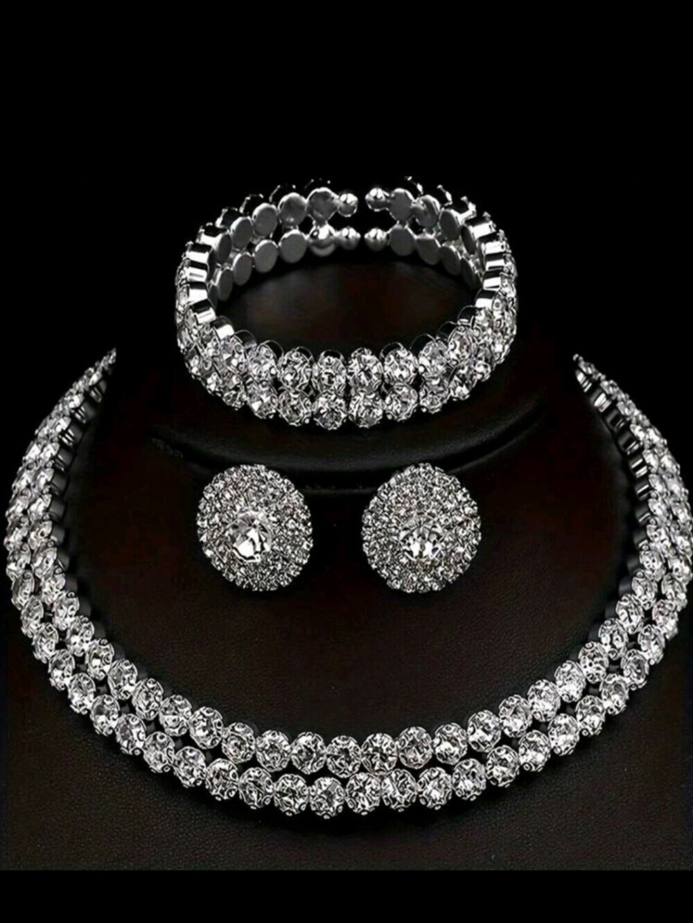 Elegant Silver Rhinestone Necklace, Bracelet & Earrings Set